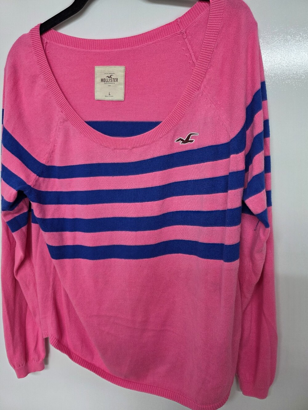 HOLLISTER Y2K Womens Long Sleeve off the Shoulder Sweater PINK Blue STRIPED L